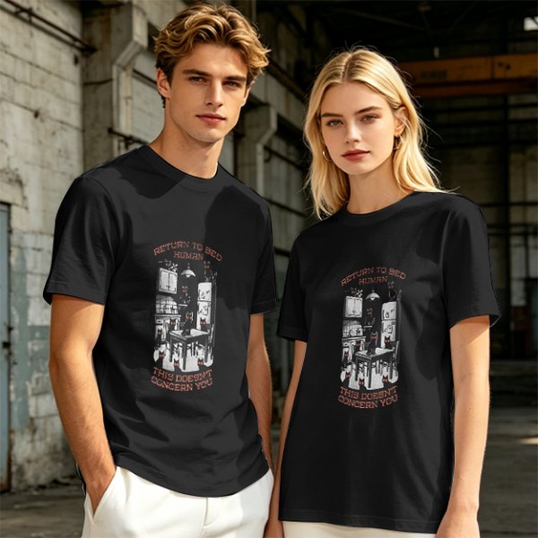 Olive t-shirt with cat kitchen graphic and 'Return to bed human' text