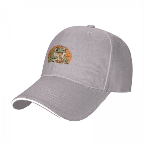 Black baseball cap with a cute frog eating spaghetti graphic
