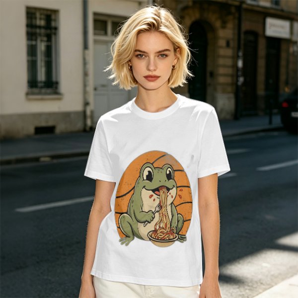 Olive Green T-Shirt Featuring a Frog Eating Spaghetti Graphic