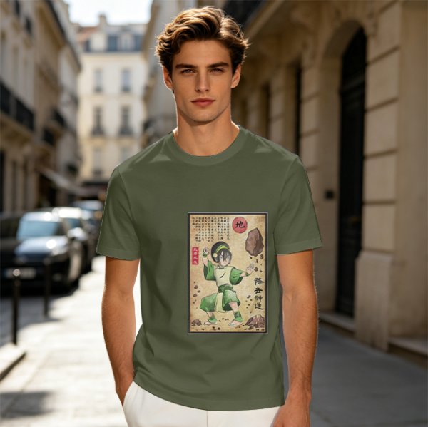Olive T-shirt with Earthbender Character Vintage Art Print