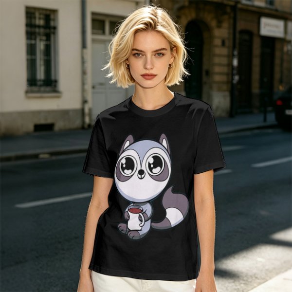 Olive T-Shirt with Cute Raccoon Holding Coffee Mug Print