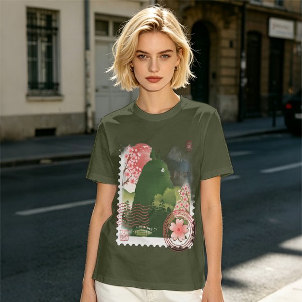 Olive T-Shirt with Totoro Cherry Blossom Stamp Art Print