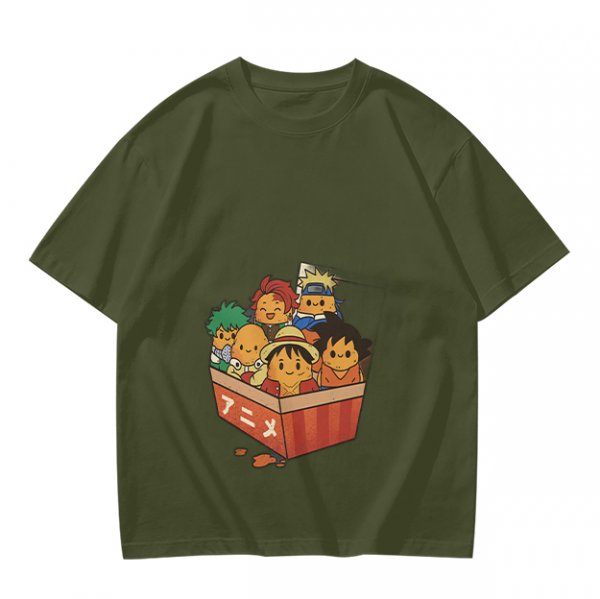 Olive T-shirt with Chibi Anime Characters in Takeout Box