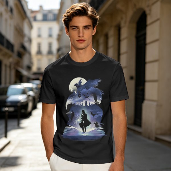 Olive T-Shirt With Magical Fantasy Creature Silhouette Art Print