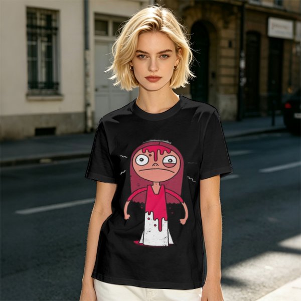 Olive Green T-Shirt With Creepy Cartoon Girl Print