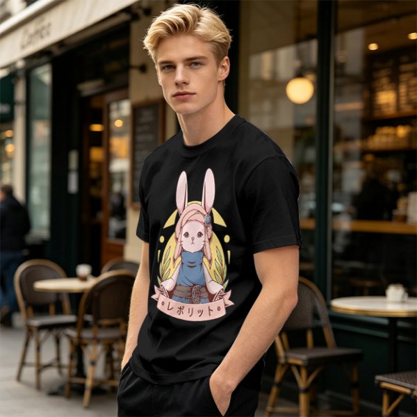 Olive T-shirt with Cute Rabbit Character and Japanese Text Print