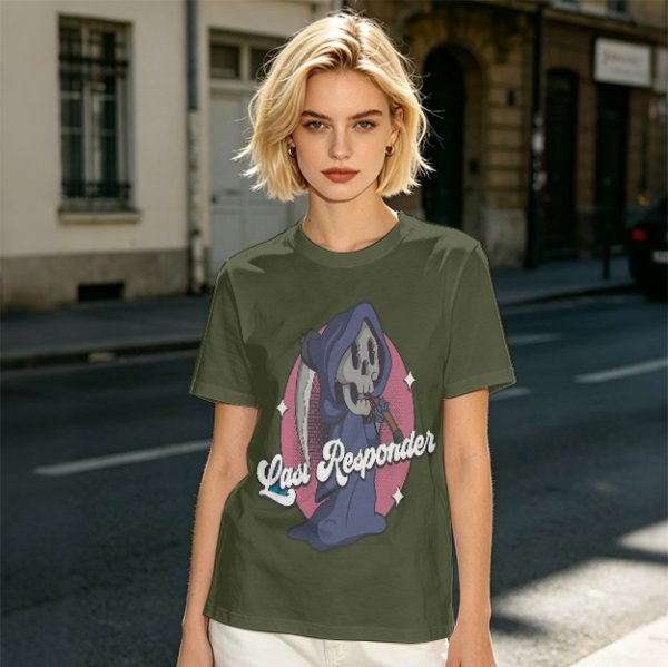 Olive T-Shirt with Cartoon Grim Reaper 'Last Responder' Print