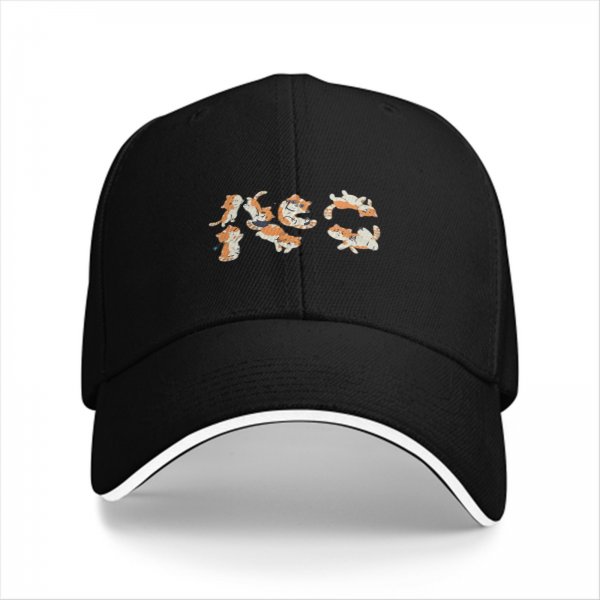 Black Baseball Cap With Playful Orange Kitten Illustrations