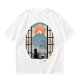 Olive T-shirt with Black Cat Viewing Mount Fuji Sunrise Art