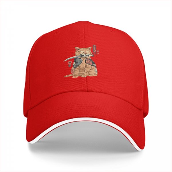 Black Baseball Cap With Tattooed Samurai Cat Holding Katana