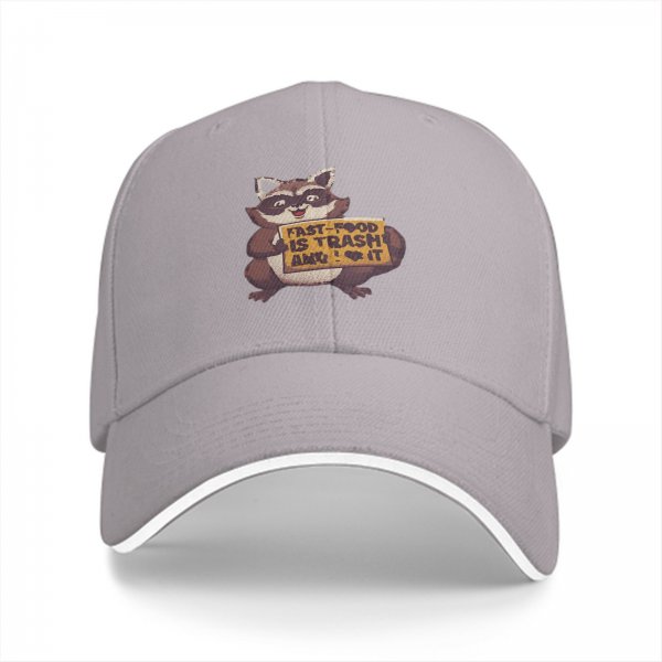 Black baseball cap with raccoon holding fast food trash sign