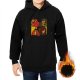 Black hoodie with four-panel illustrated character graphic