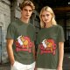 Olive green t-shirt with a sleeping orange cat on a red armchair print