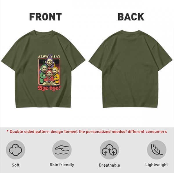 Olive t-shirt with creepy Teletubbies 'Always Say Bye-bye' print
