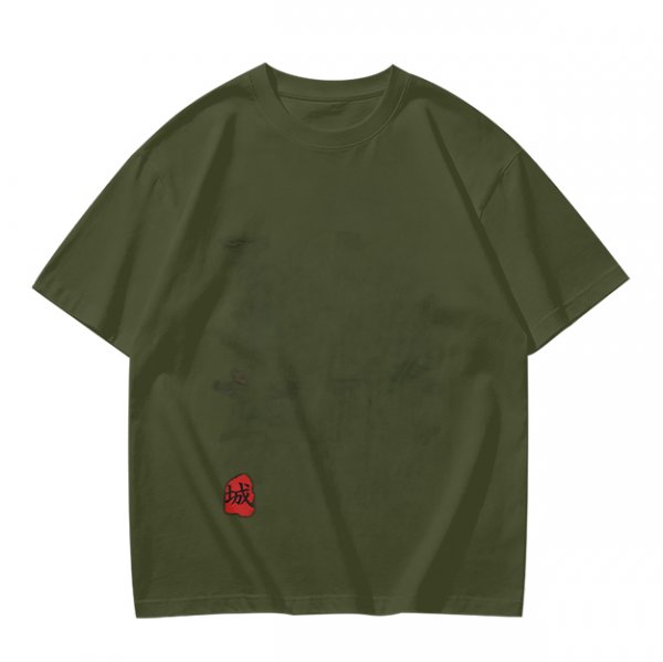 Oversized Olive Green T-Shirt with Red Stamp Detail