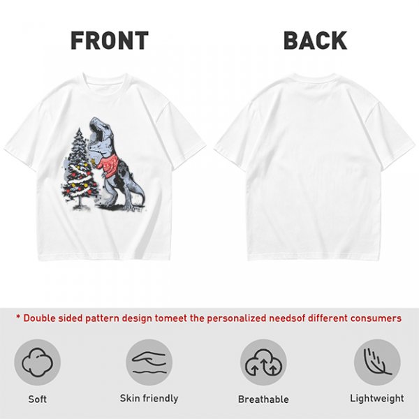 Olive T-shirt with T-Rex in Christmas sweater decorating a tree