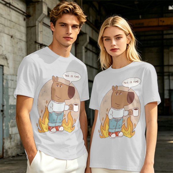 Olive T-Shirt Featuring the 'This Is Fine' Dog Meme Art