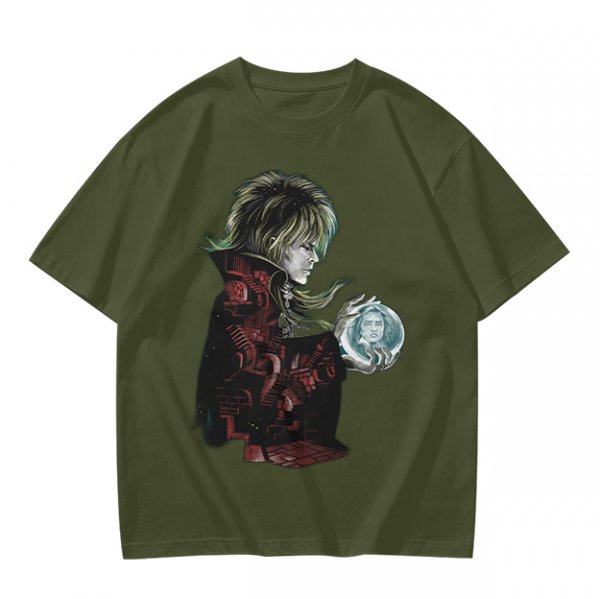 Olive Green T-Shirt With Goblin King Holding Crystal Ball Art