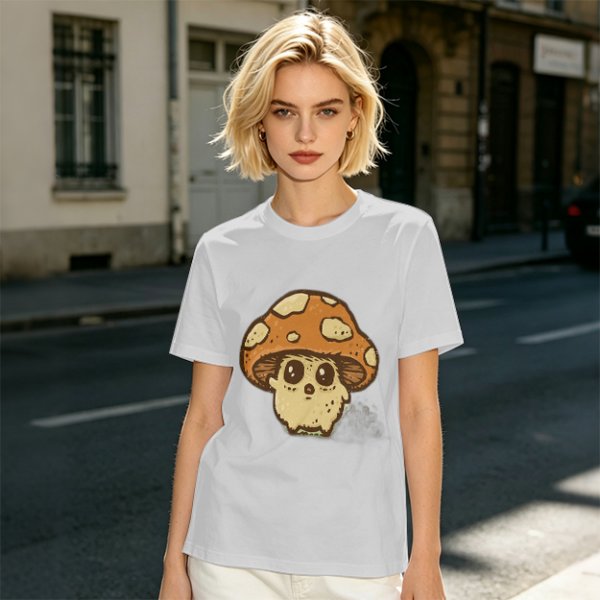 Olive Green T-Shirt With Cute Mushroom Skull Graphic