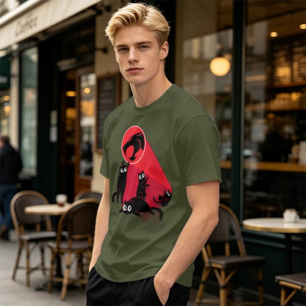 Olive T-Shirt With Black Cats And Red Panther Signal Graphic