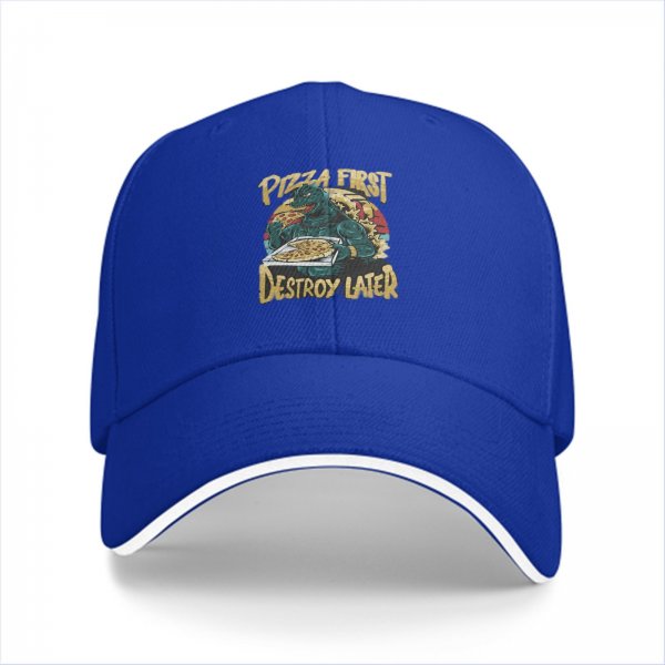 Black baseball cap with pizza first destroy later godzilla graphic