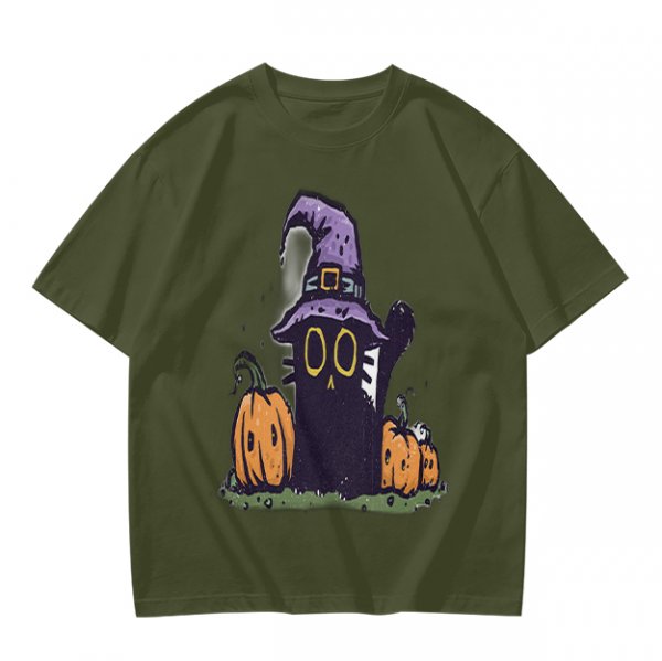 Olive Halloween T-Shirt with Black Cat Witch and Pumpkins
