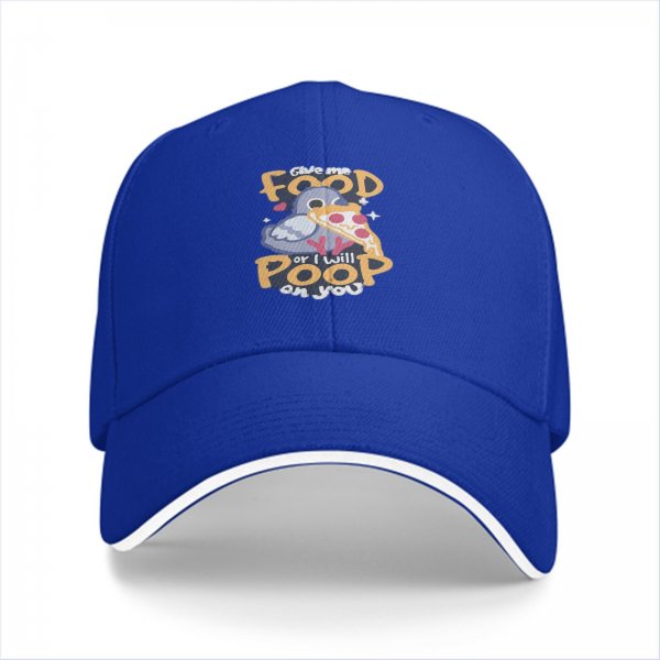 Black baseball cap with funny pigeon pizza 'give me food or i will poop on you' print