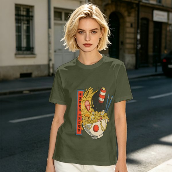 Olive T-Shirt With Ramen Bowl Graphic and Vertical Text Print