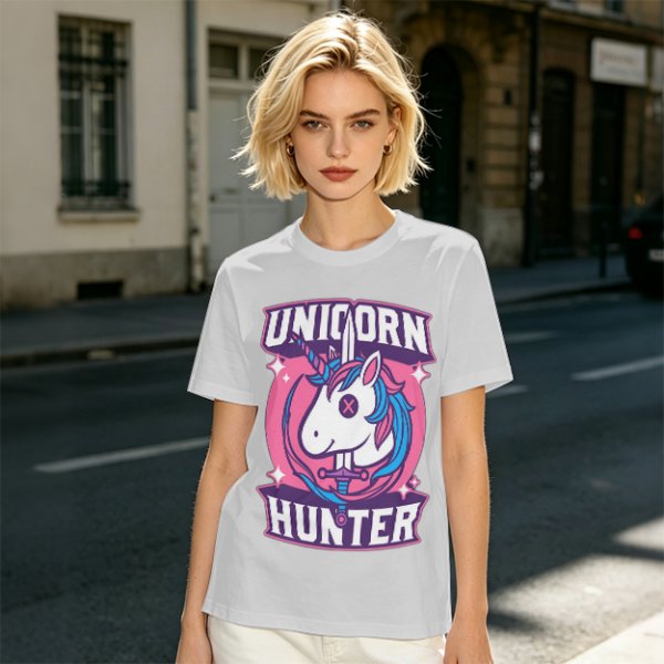 Unicorn Hunter Graphic Tee with Sword and Sparkle Design