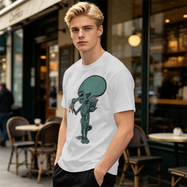 Olive T-Shirt With Alien Eating Ice Cream Graphic