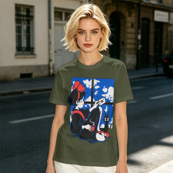 Olive t-shirt with Kiki's Delivery Service window print of girl reading letter