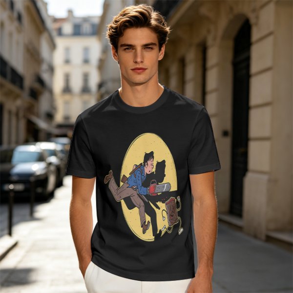Olive T-shirt with Cartoon Chainsaw Action Character Print
