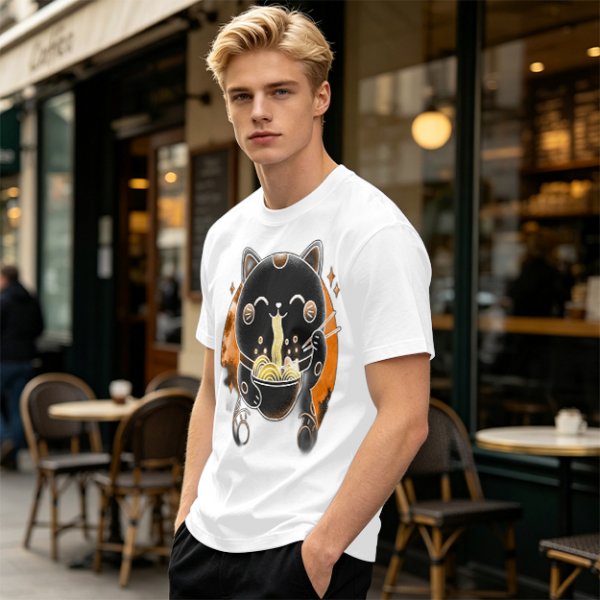 Olive T-Shirt Featuring Black Maneki-neko Cat Eating Ramen