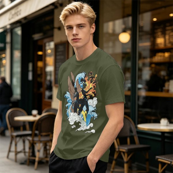 Olive T-Shirt With Elemental Bender Artwork Print