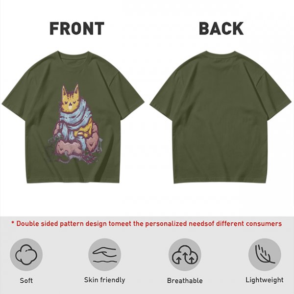 Olive T-Shirt With Meditating Cat Graphic Print