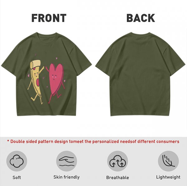 Olive T-Shirt with Dancing Pizza Slice and Heart Graphic