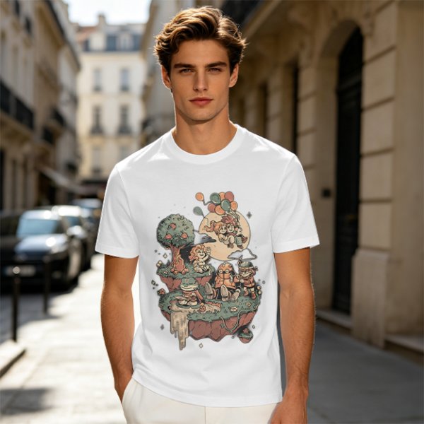 Olive T-Shirt With Whimsical Floating Island Children Art Print