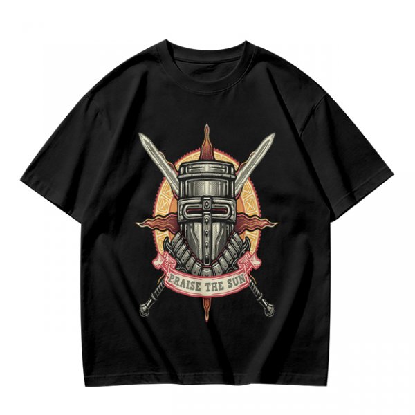 Olive T-Shirt With Praise The Sun Knight Helmet Crossed Swords Artwork