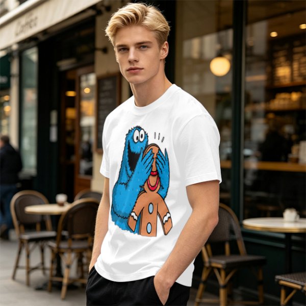 Olive T-shirt with Cookie Monster covering gingerbread man’s eyes