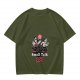 Olive graphic t-shirt with chainsaw man chasing scared person and 'Small Talk Does!' text