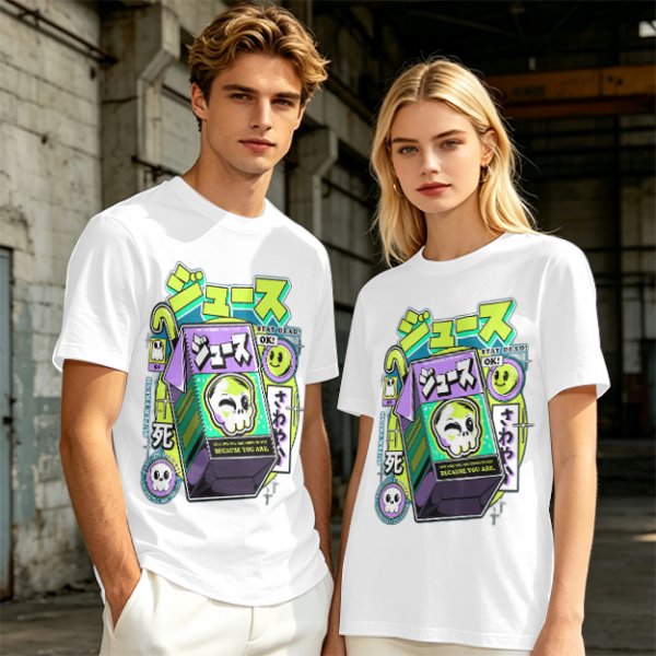 Olive T-shirt with spooky juice box graphic and playful skull art