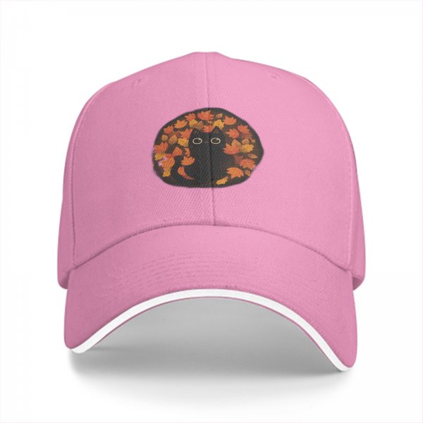 Black Baseball Cap With Cute Black Cat In Autumn Leaves Print
