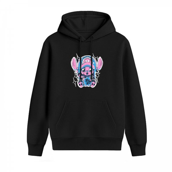 Black Hoodie With Cute Anime Character Graphic Print