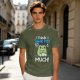Olive t-shirt with 'I think I think too much' anxious frog print