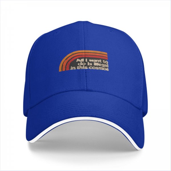 Black baseball cap with retro rainbow and 'All I want to do is illegal in this cosmos' text