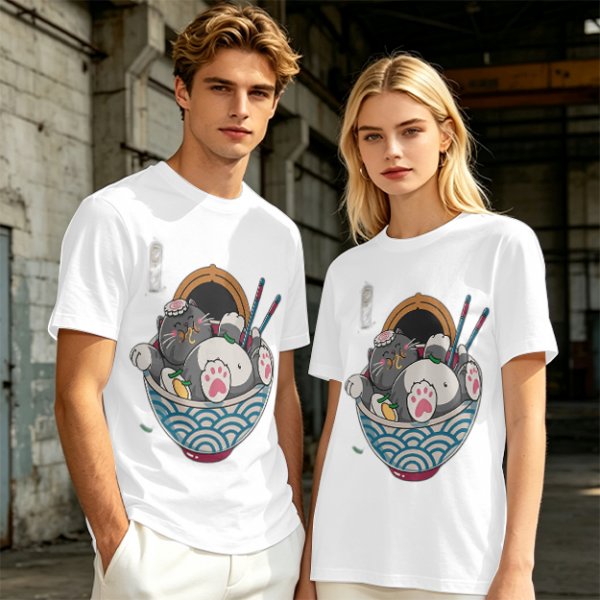 Oversized T-Shirt With Chubby Cat In Ramen Bowl Print