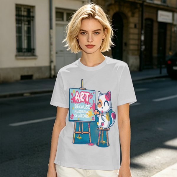 Olive T-Shirt With Cute Artist Cat Art Because Murder Is Wrong Print