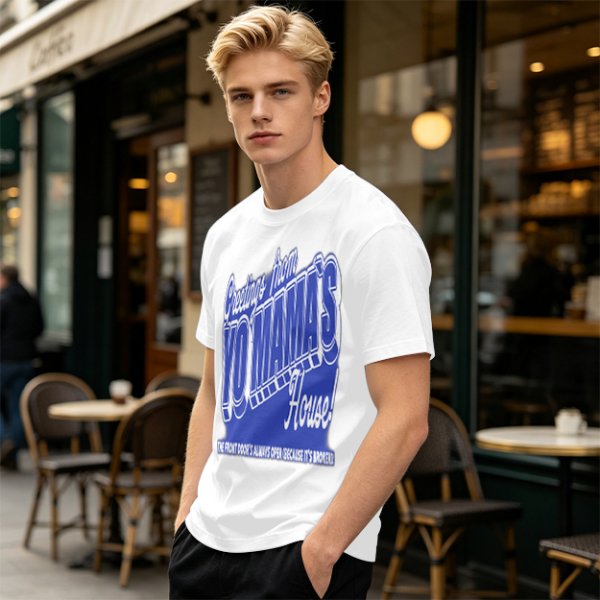 Olive t-shirt with funny yo mama's house greeting print