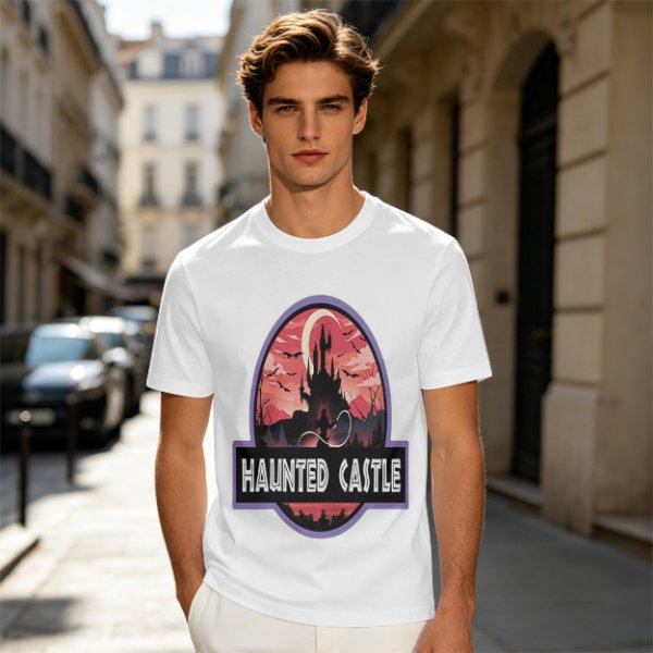 Olive T-Shirt with Haunted Castle Silhouette Graphic Design