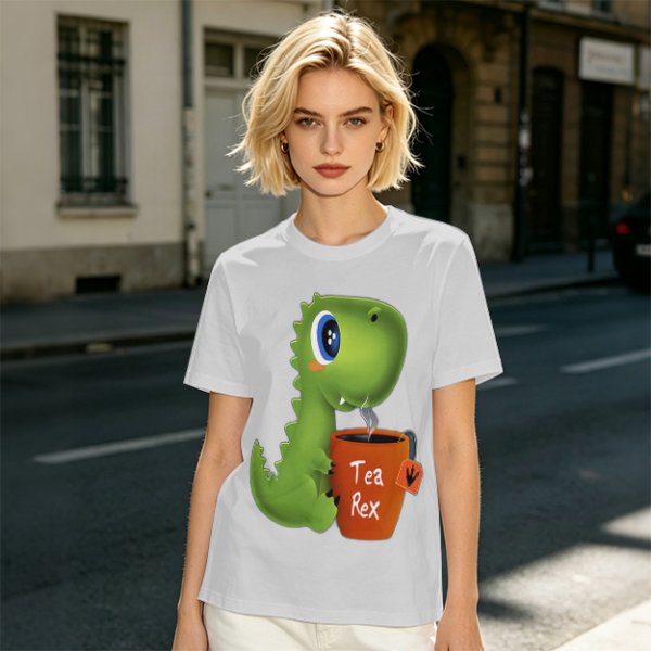Olive green t-shirt with cute Tea Rex dinosaur holding a steaming tea mug